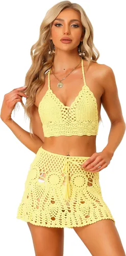 Vista 7 de Allegra K Conjunto de bikini de 2 piezas para mujer, top con huecos, minifalda, verano, playa, conjuntos de punto de ganchillo