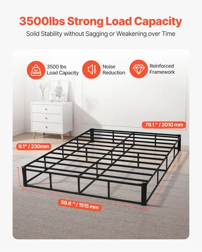 Vista 3 de VEVOR Base de cama tamaño Queen con tela lavable, marco de metal resistente para cama Queen, base de colchón de 9.1 pulgadas, capacidad máxima