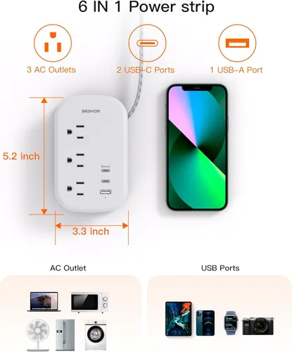 Vista 5 de Regleta de Corriente de Viaje USB C BESHON, Cable de Extensión Ultra Plano, Regleta de Corriente de Enchufe Plano, 3 Tomacorrientes con 3 Puertos