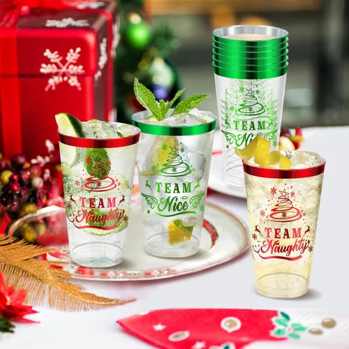 Vista 4 de Vasos de Fiesta de Navidad de 16 onzas – Vaso de Plástico Alegre de Gran Capacidad, Vaso Transparente Desechable con Borde Rojo y Verde