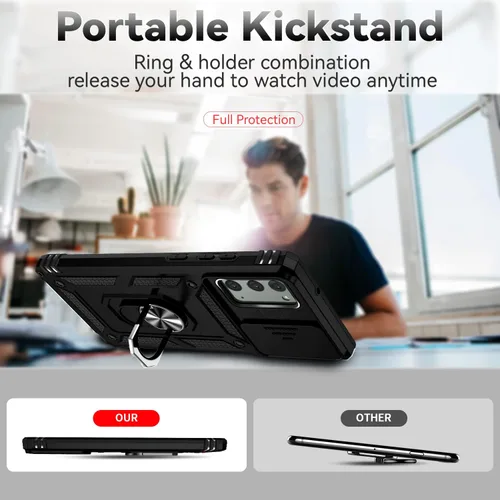 Vista 2 de Funda protectora para teléfono con cubierta deslizante para cámara, soporte de anillo magnético y 2 películas autorreparables Compatible