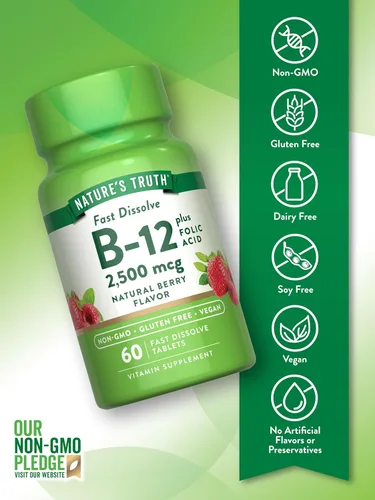 Vista 3 de Nature's Truth Vitamina B12 60 tabletas de disolución rápida 2500 mcg con ácido fólico Vegano, sin OMG y sin gluten