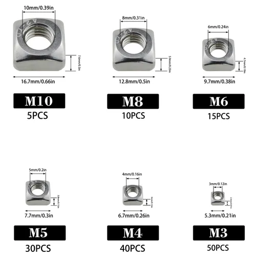Vista 2 de Kit surtido de tuercas cuadradas métricas de acero inoxidable 304, 150 piezas, M3-M10, plata