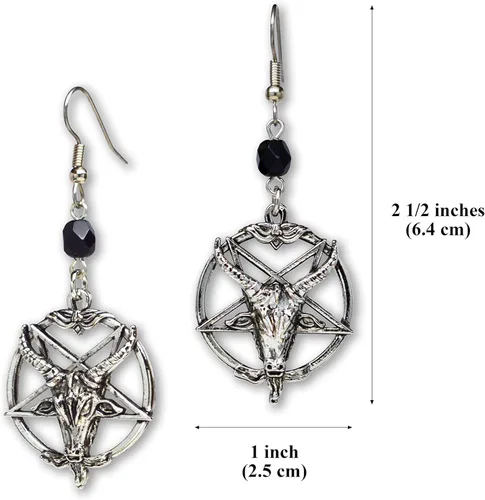 Vista 3 de Baphomet - Pendientes colgantes con diseño de cabeza de cabra invertida, acabado plateado, Peltre, acero quirúrgico
