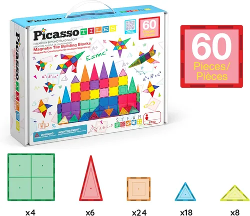 Vista 8 de PicassoTiles - juego de 60 piezas de bloques de construcción magnéticos y transparentes 3D, creatividad más allá de la imaginación, inspiradores