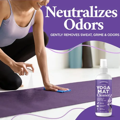 Vista 4 de Durabasics Spray limpiador para esterillas de yoga, aroma a lavanda, paquete de 2 (4 onzas cada uno) con toalla de microfibra, limpiador en aerosol
