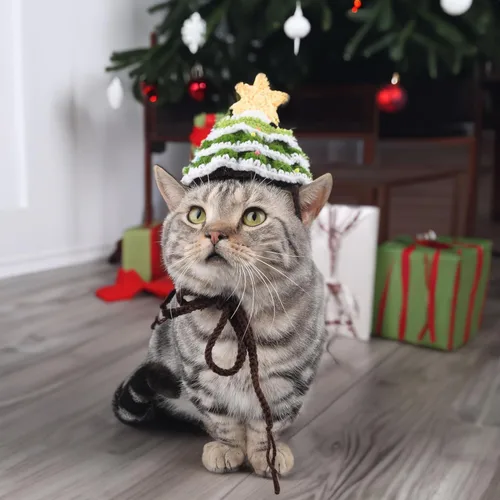 Vista 2 de Sombrero de Navidad de punto hecho a mano para gato y perro, lindo sombrero de ganchillo de gato, disfraz de Navidad para mascotas, ajustable