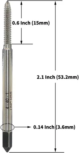 Vista 2 de Macho de rosca 4-40 UNC paso de 3 flautas, rosca de acero de alta velocidad que forma el grifo puntiagudo, mano derecha, acabado sin recubrimiento