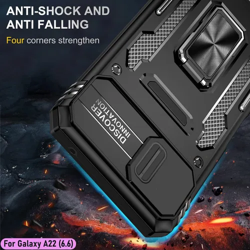 Vista 7 de Funda resistente para Samsung Galaxy A22 (5G), protector híbrido de goma de doble capa de grado militar con protector de cámara deslizante, soporte