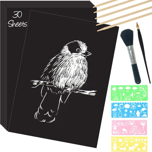 ZOCONE Juego de arte de papel para rascar, 30 hojas de 8 x 11 pulgadas, papel para rascar grande con lápices y plantillas de madera, papel de arte