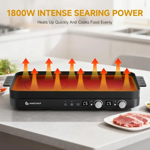 Vista 2 de AMZCHEF Portable Indoor Grill: 1800W Electric Grill Griddle with Removable Grill Pan, 5 Temperature Levels & 99 Min Timer Electric Griddle