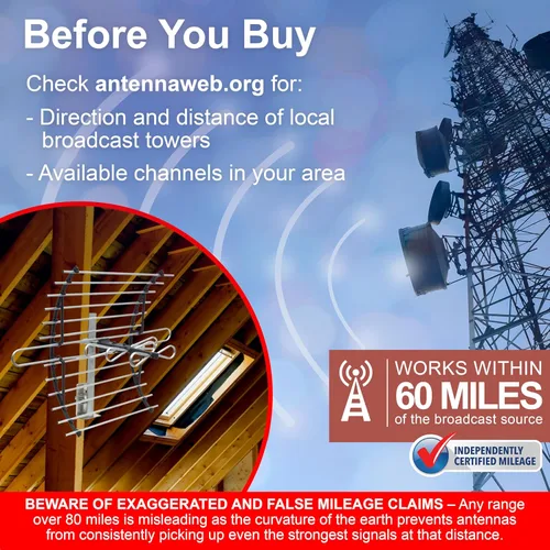 Vista 7 de GE 33692 antena HD para montaje en ático, largo alcance, diseño compacto con soporte para canales VHF/UHF, rango de 60 millas