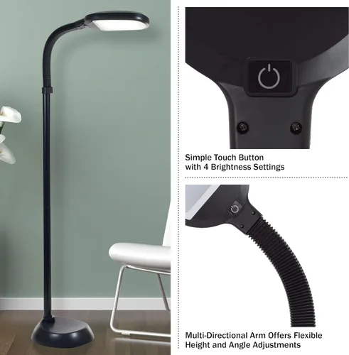 Vista 2 de Lavish Home Adjustable LED Floor Lamp with Bendable Neck - Full Spectrum Natural Sunlight LED Lamp for Bedroom and Living Room - Reading, Craft, and