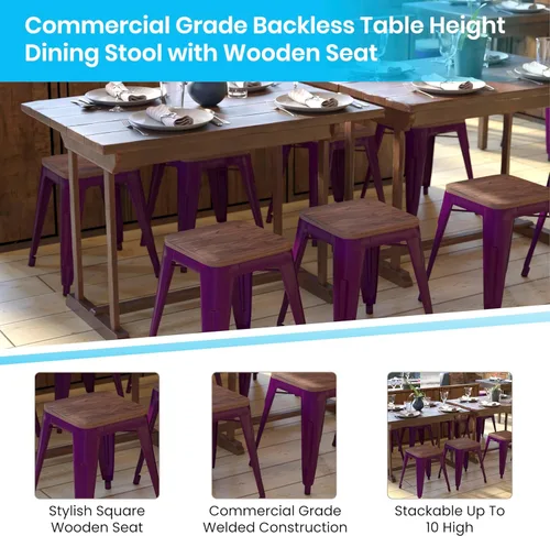 Vista 23 de Flash Furniture Juego de 4 taburetes de metal con asiento de madera, taburete Kai de grado comercial negro sin espalda, sillas de comedor apilables