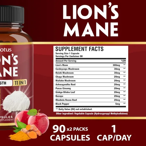 Vista 2 de Zolotus 2 paquetes de 90 cápsulas de suplemento de hongo de melena de león, suministro para 6 meses con Cordeyceps, Reishi, Ashwagandha, suplemento