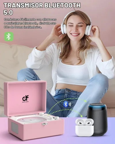 Vista 4 de Reproductor de CD con altavoces estéreo, transmisión inalámbrica de entrada/salida Bluetooth, batería recargable, reproductor de CD retro USB