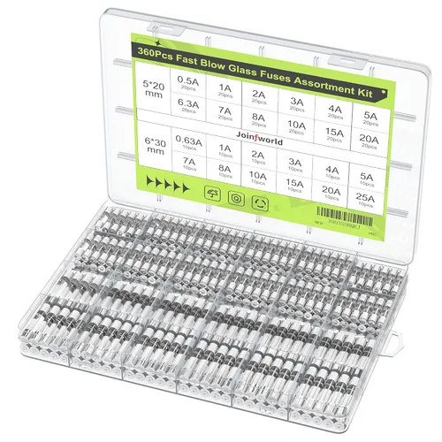 Joinfworld Kit de 360 piezas de fusibles de vidrio de explosión rápida, kit de fusibles automotrices de 24 valores, 250 V, 0,5 A, 0,63 A, 1 A, 2 A,