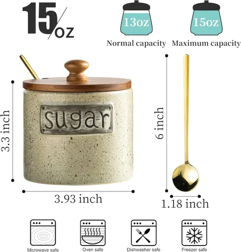 Vista 2 de LYEOBOH Azucarero de 15 onzas, recipiente para azúcar, contenedor rústico para azúcar con tapa de madera y cuchara para barra de café, apto