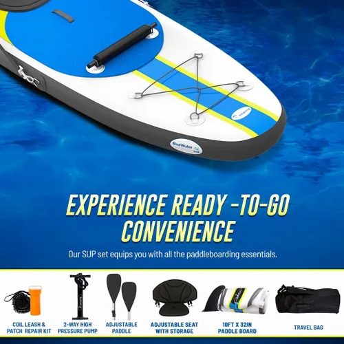 Vista 6 de Blue Water Toys Kit de tabla de remo inflable Crossover de pie o kayak: bomba, mochila, correa de bobina, paletas, asiento desmontable, límite