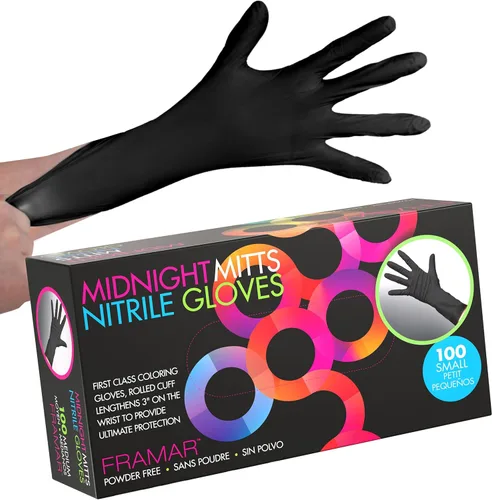 Vista 9 de FRAMAR Guantes negros desechables sin látex – Guantes de nitrilo extra pequeños negros, para tinte para el cabello, suministros de tatuajes