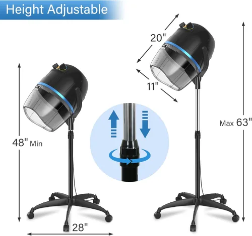 Vista 5 de Secador de pelo con capucha ajustable de 1300 W, equipo de salón con base rodante para secado de cabello en el hogar