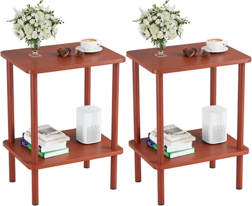 Vista 26 de Apicizon - Mesa auxiliar de 2 niveles, pequeña mesa auxiliar con patas de madera maciza, mesa de noche estilo boho con estante de almacenamiento