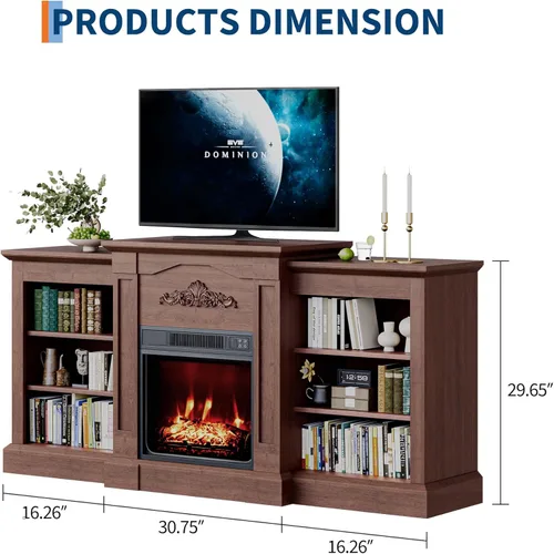 Vista 2 de Soporte de TV con chimenea de 60 pulgadas con chimenea, chimenea eléctrica, llama 3D, calor y almacenamiento ajustables, centro de entretenimiento