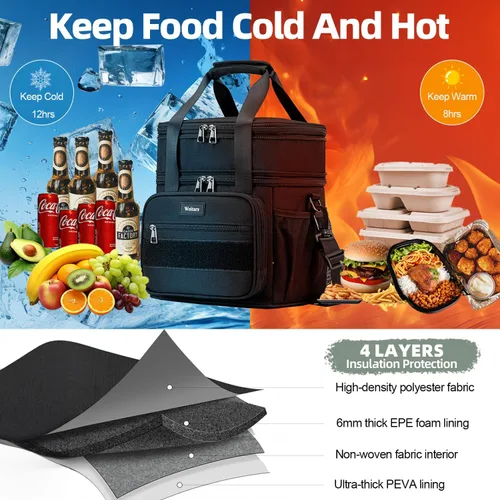 Vista 4 de Weitars Lonchera para hombres y mujeres, lonchera de doble compartimento, resistente, grande, aislada, bolsa de almuerzo táctica duradera con correa