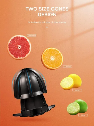 Vista 2 de FOHERE Exprimidor de Jugo de Naranja Exprimidor Eléctrico de Cítricos con Dos Conos Intercambiables Adecuado para Naranja, Limón y Pomelo, Acero