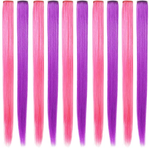 Vista 10 de 12 extensiones de cabello de colores rectas de 20 pulgadas, extensiones de cabello sintético con clip, color arcoíris, con reflejos, para fiesta