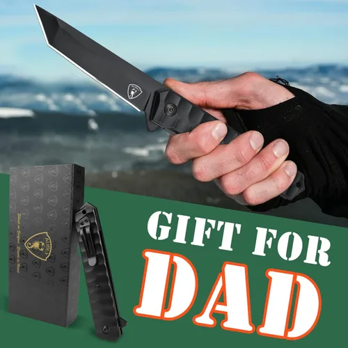 Vista 6 de AUBEY Tanto Blade - Cuchillo EDC de acero 440, cuchillo plegable de bolsillo con bloqueo de forro, clip, mango de aluminio y rompedor de vidrio