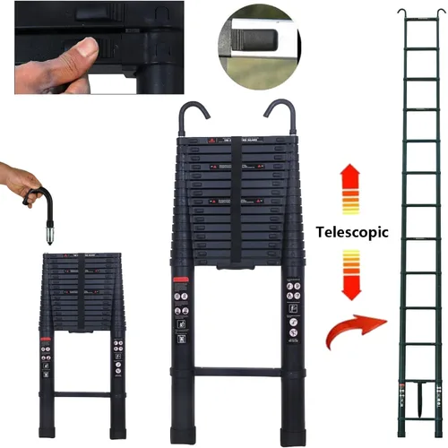Vista 3 de EN131 - Escalera telescópica de aluminio de 20 pies con 2 ganchos desmontables, ganchos de techo de 2.8 pulgadas, escalera plegable totalmente
