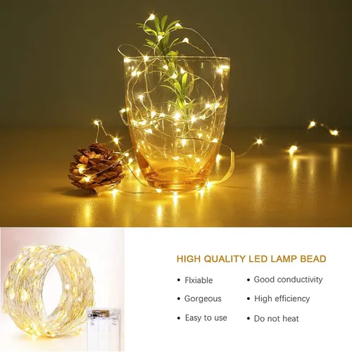 Vista 2 de Guirnalda de luces LED que funcionan con pilas, con temporizador, 50 luces LED, alambre de cobre, impermeable, para decoración de árbol de Navidad