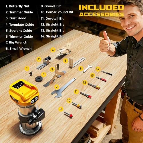 Vista 8 de DIYtoolifz Herramienta de enrutador inalámbrico compatible con batería DeWalt de 20 V (solo herramienta), enrutador de madera sin escobillas de 800