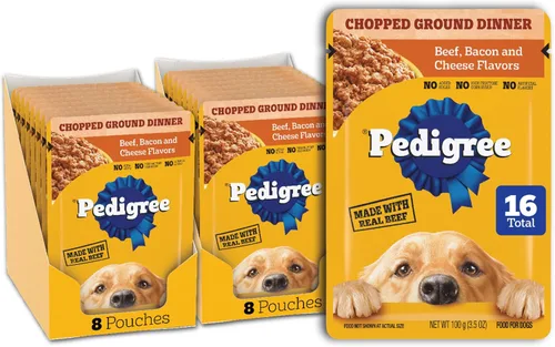 PEDIGREE Chopped Ground Dinner Comida húmeda y suave para perros adultos, sabor a carne de res, tocino y queso, bolsas de 3.5 oz, paquete de 16