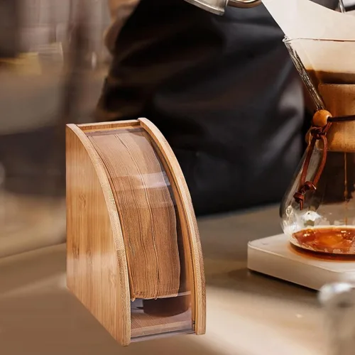 Vista 4 de Soporte de papel de filtro de café a prueba de polvo, contenedor de almacenamiento, accesorios de bastidor, contenedor de filtro de café de bambú