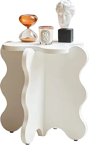 Vista 25 de HM&DX Mini mesa de centro de pétalos, mesa auxiliar de madera maciza con ondas de dibujos animados con patas en forma de X, mesa auxiliar