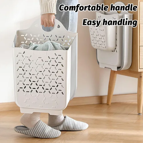 Vista 4 de 2 cestas colgantes para ropa sucia con asa de transporte, cestas plegables de plástico para lavandería, cesta de almacenamiento para colgar