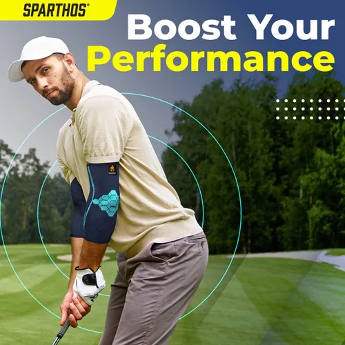 Vista 6 de Sparthos - Par de coderas de compresión, para tenis y golf, para hombre y mujer, fabricadas con una innovadora mezcla elástica transpirable