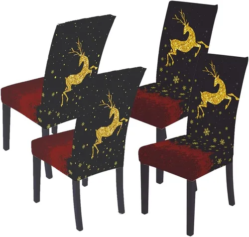 Vista 36 de XMNTG Juego de 6 fundas para sillas de Navidad, con estampado de ciervos, decoración de Navidad, fundas extraíbles para sillas antideslizantes Negro