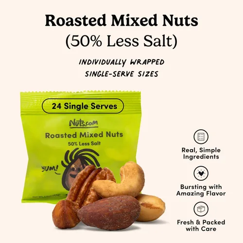 Vista 5 de Nuts.com Nueces mixtas tostadas (50% menos de sal) – 24 paquetes de bocadillos individuales – Almendras, anacardos, nueces pecanas, nueces