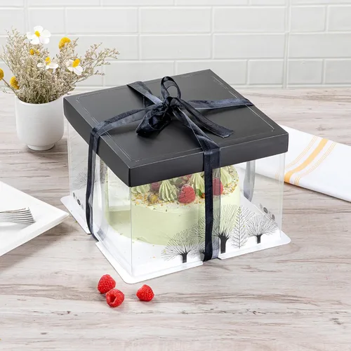 Vista 4 de Restaurantware - Cajas transparentes para pasteles de 8.5 x 6.75 pulgadas, 10 cajas transparentes para pasteles con tapa negra, base sin grasa