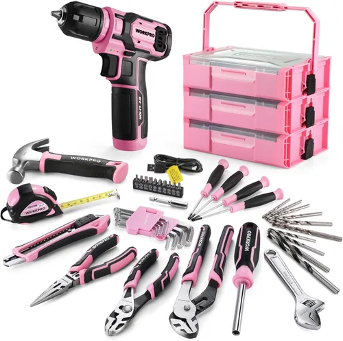 Vista 10 de WORKPRO Juego de taladro eléctrico rosa, juego de taladro inalámbrico de 8V con juego de brocas de 53 piezas, kit de taladro inalámbrico eléctrico