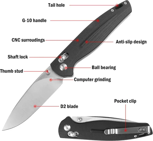 Vista 3 de RPG Talon - Cuchillo de bolsillo plegable, punto de arrastre de 3.2 pulgadas, hoja de acero D2, mango G10 y clip de bolsillo, cuchillos