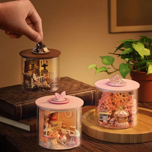 Vista 7 de Spilay Kit de muebles de madera en miniatura para casa de muñecas, modelo de casa de muñecas hecha a mano con cubierta antipolvo y LED, escala 1:24