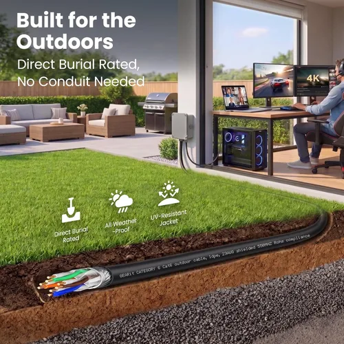 Vista 2 de GEARit Cable Ethernet Cat6 para exteriores (150 pies), cobre puro 23 AWG, FTP, LLDPE, impermeable, entierro directo, en tierra, resistente a