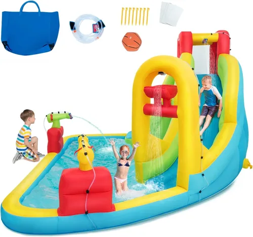 Vista 12 de BOUNTECH - Juego inflable 7 en 1, con tobogán acuático, pared de escalada, cañones de agua, aro de baloncesto, alberca poco profunda, incluye bolsa