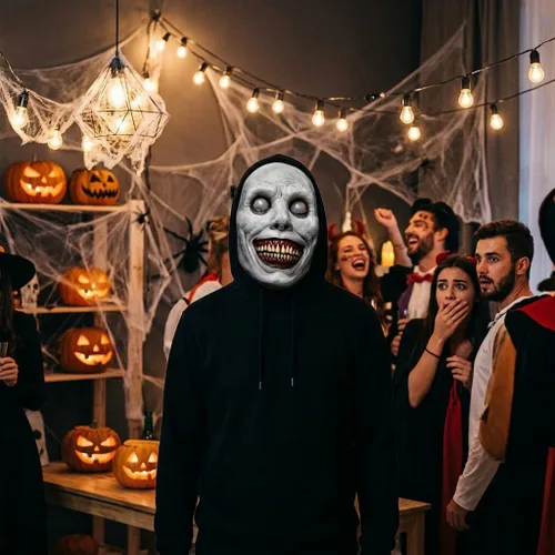 Vista 7 de Boolavard Máscara sonriente espeluznante – Máscara de Halloween realista de látex sonriente demonio – grotesca boca ancha monstruo máscara de terror