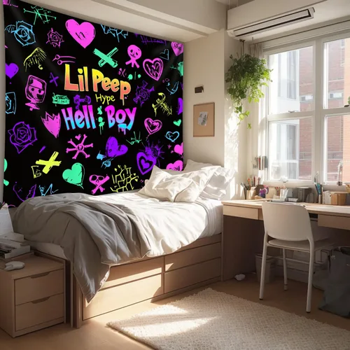 Vista 4 de PSYHILAR Tapiz de luz negra de Lil Peep para dormitorio, póster de luz negra de Hellboy, bandera UV de música de rapero (101.6 x 76.2 centímetros)