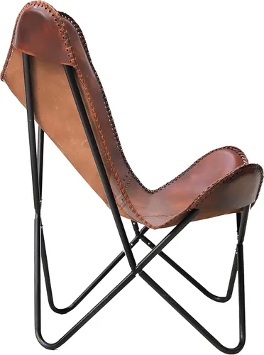 Vista 6 de cuero Elegante silla de mariposa de cuero marrón oscuro hecha a mano para sala de estar, silla lateral de cuero cosido, hecha a mano con marco